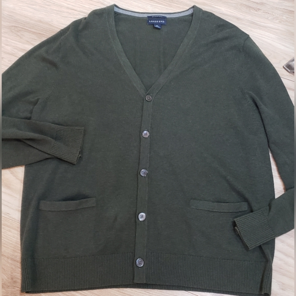 Lands End Cardigan Men SweaterXL Forest Green Preppy Teacher Academia,